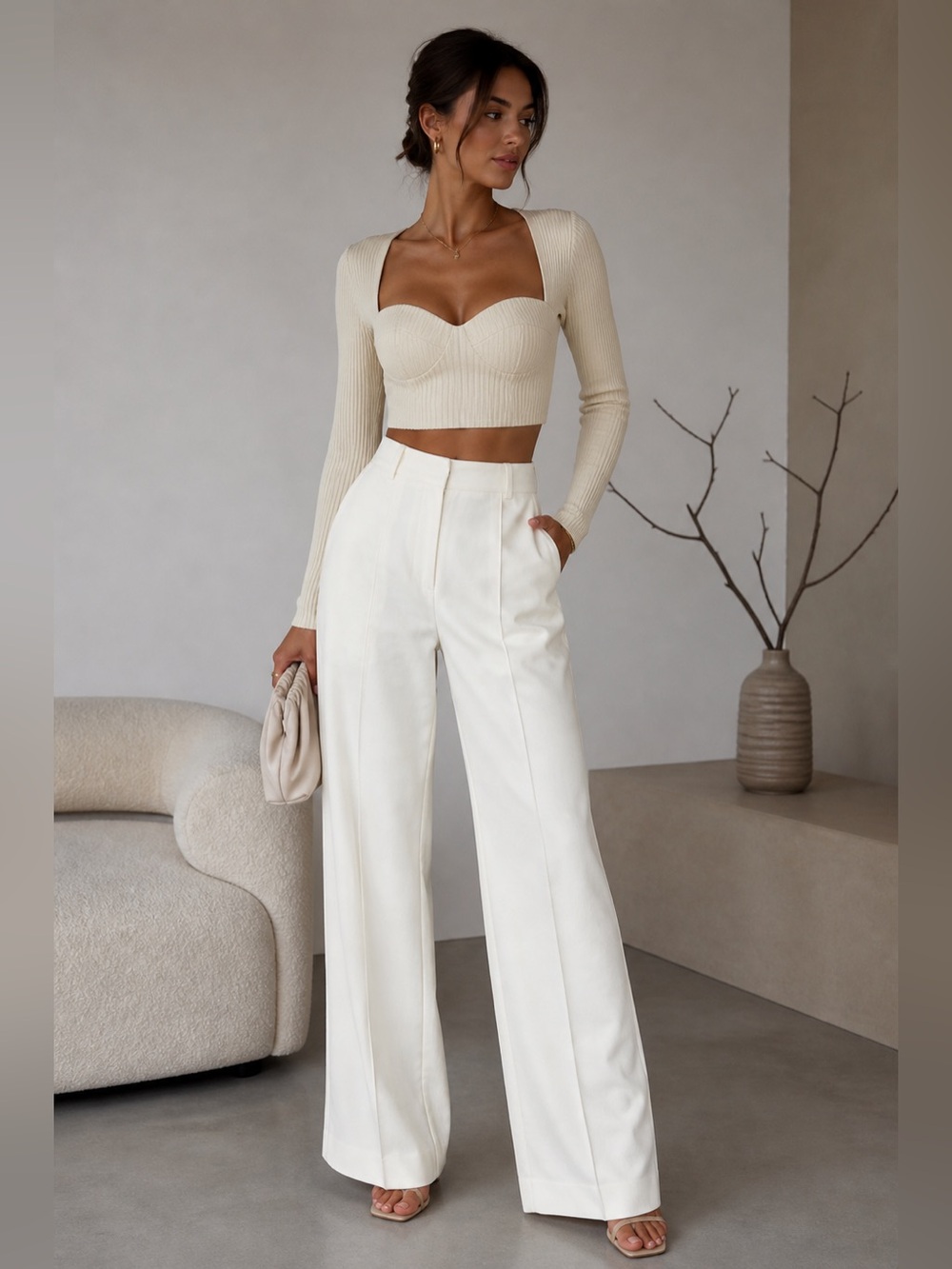 Zara Cream Wide Leg Jeans High Waist Front Seam Trousers Size 6